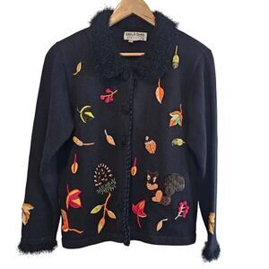 Vintage Jack B Quick Cardigan Women Med Black Floral Glam Grandmacore Squirrel
